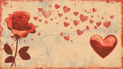 vintage retro style vector illustration in 1950s fashion, classic Valentine's Day scene with hearts and roses, muted color palette with reds and creams background