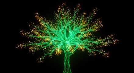 Illuminated green and gold tree decoration at night