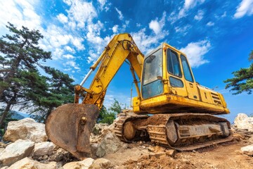 Obraz premium Yellow excavator on rocky terrain