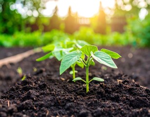 Fototapeta premium Young seedlings emerge from dark soil in a garden, bathed in sunlight