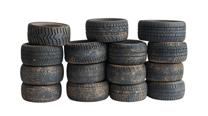 Set of old dirty tire stacks isolated on a transparent background