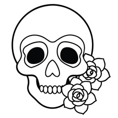 skull with roses line art vector icon
