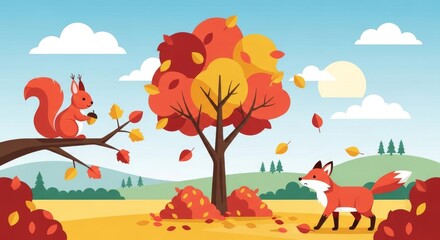 Playful Forest Scene with Squirrel, Fox, and Colorful Leaves