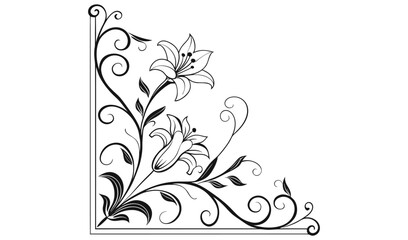 Elegant floral corner design with swirling vines and delicate flowers in a dark silhouette