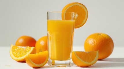 photo-realistic macro shot of a clear glass filled with fresh orange juice, surrounded by sliced and halved oranges
