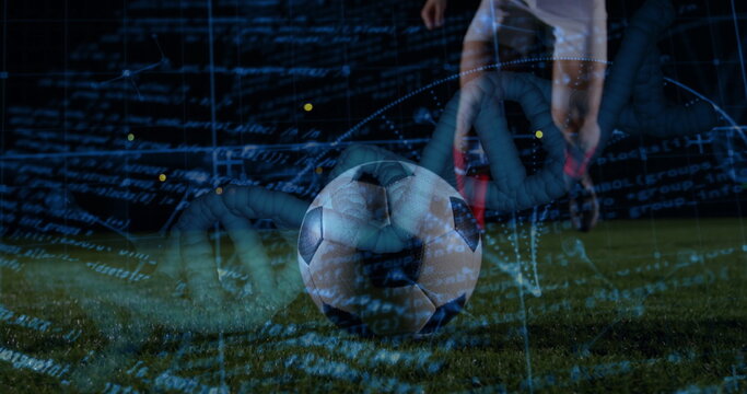 Player in white shorts, red socks tapping soccer ball on pitch under floodlights, with code overlay