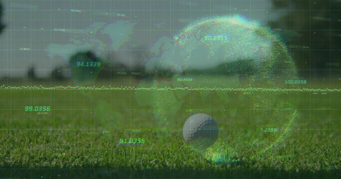 Resting white golf ball on grass fairway, showing world map grid and point-cloud globe, copy space