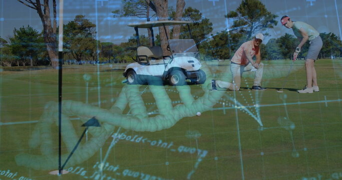Two golfers lining up putt in golf green, with golf cart and DNA graphics, copy space