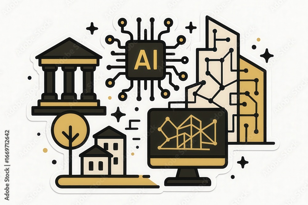 Aufkleber visualizing the intersection of artificial intelligence and urban landscapes with architectural elem