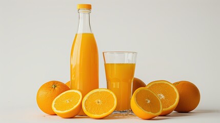 photo-realistic macro shot of a clear glass filled with fresh orange juice, surrounded by sliced and halved oranges