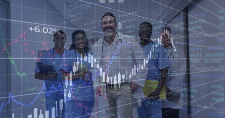 Team wearing medical and business attire walking in hospital corridor, with financial overlays