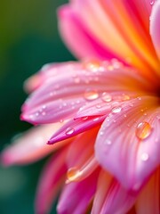 Fototapeta premium Close-up of a pink and orange flower with fresh dew drops on petals. Ideal for spring themes, floral backgrounds, and natural beauty concepts