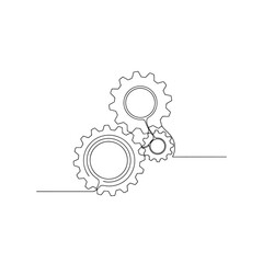 Vector illustration of continuous line drawing of three interlocking gears, representing teamwork and mechanics