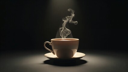 Steaming cup of tea in spotlight on dark moody background