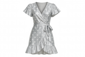Sleek silver polka dot wrap dress featuring ruffled hem and sleeves, floating against transparent backdrop for chic fashion design