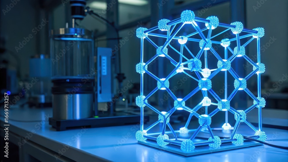 Poster ice nanostructure analysis illuminated scientific model on a lab table with equipment in the backgro