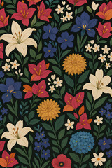 Colorful floral seamless pattern with various blooming flowers and leaves on a dark background. Botanical decorative design perfect for textiles, wallpapers, wrapping paper, stationery, and digital