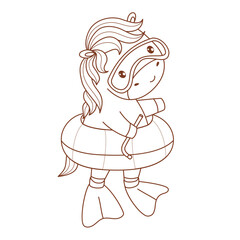 Outline Cute summer Horse in Swimming Diving mask and Fins with inflatable swim ring. Funny Pony Animal cartoon Beachgoer. Line drawing, coloring book. Vector illustration. Kids collection. Not AI
