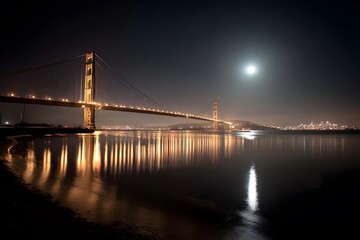 Obraz premium Golden Gate Bridge at night, moonlit, illuminated by lights.