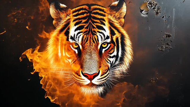 Fierce tiger face glowing in firelight  
