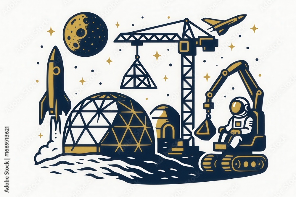 Poster futuristic lunar construction site depicting an astronaut operating machinery with a rocket launchin