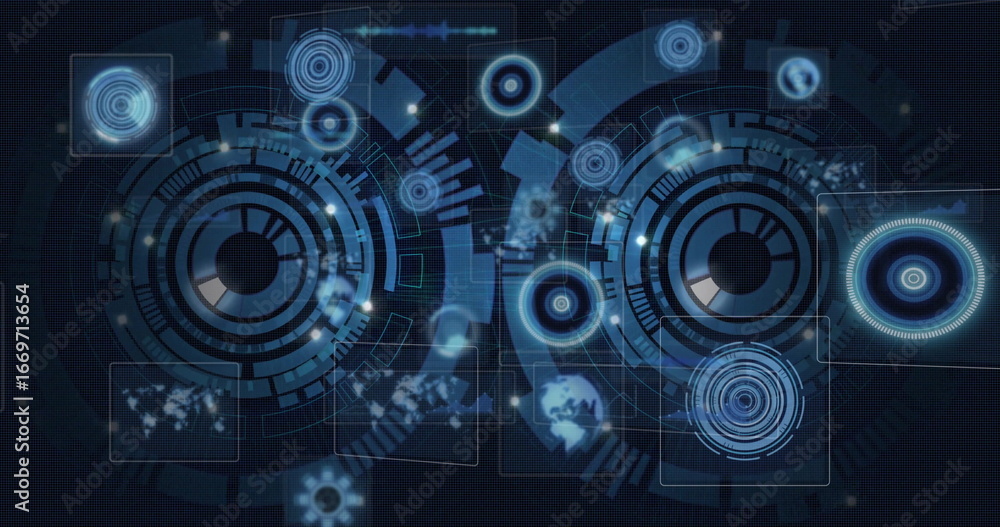 Poster displaying dual concentric hud circles in virtual interface, with target indicators and data nodes