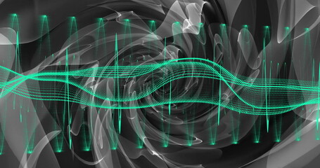 Undulating neon green waveform graphic moving across digital space, with translucent smoke shapes