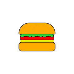 Simple flat vector illustration of a hamburger or cheeseburger with lettuce and tomato. Perfect for fast food, menu icons, or food branding elements