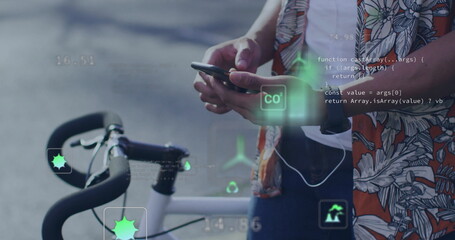 Holding smartphone earphones, cyclist viewing code overlays at road bicycle on street, copy space