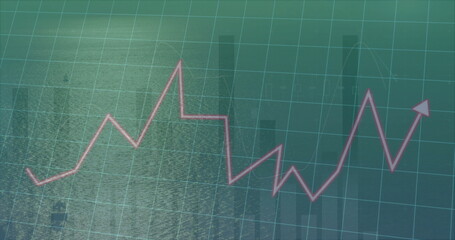 Showing pink line graph ending in arrowhead above ocean, with green grid overlay, translucent bars