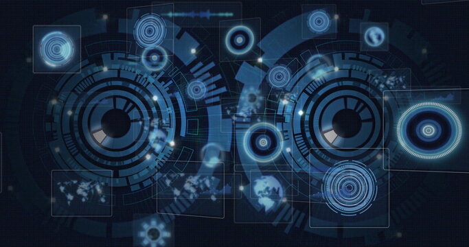 Displaying dual concentric HUD circles in virtual interface, with target indicators and data nodes