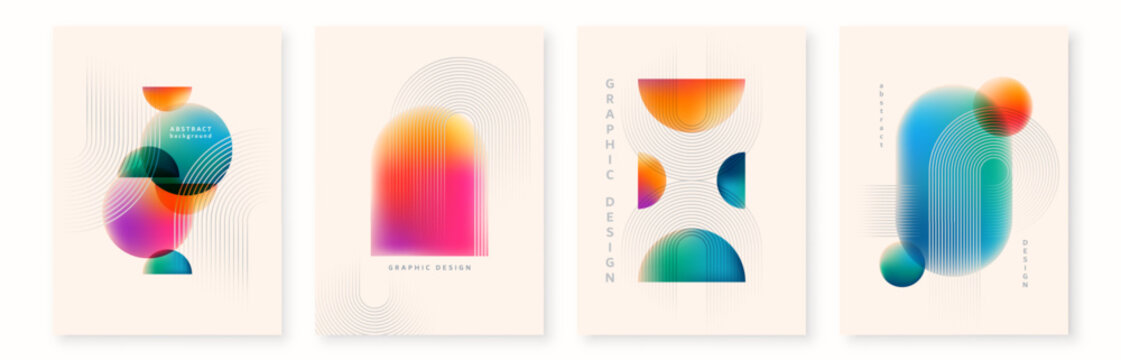Gradient background vector set. Minimal posters with colorful, geometric shapes, lines. Modern wallpaper design for social media, poster, banner, flyer
