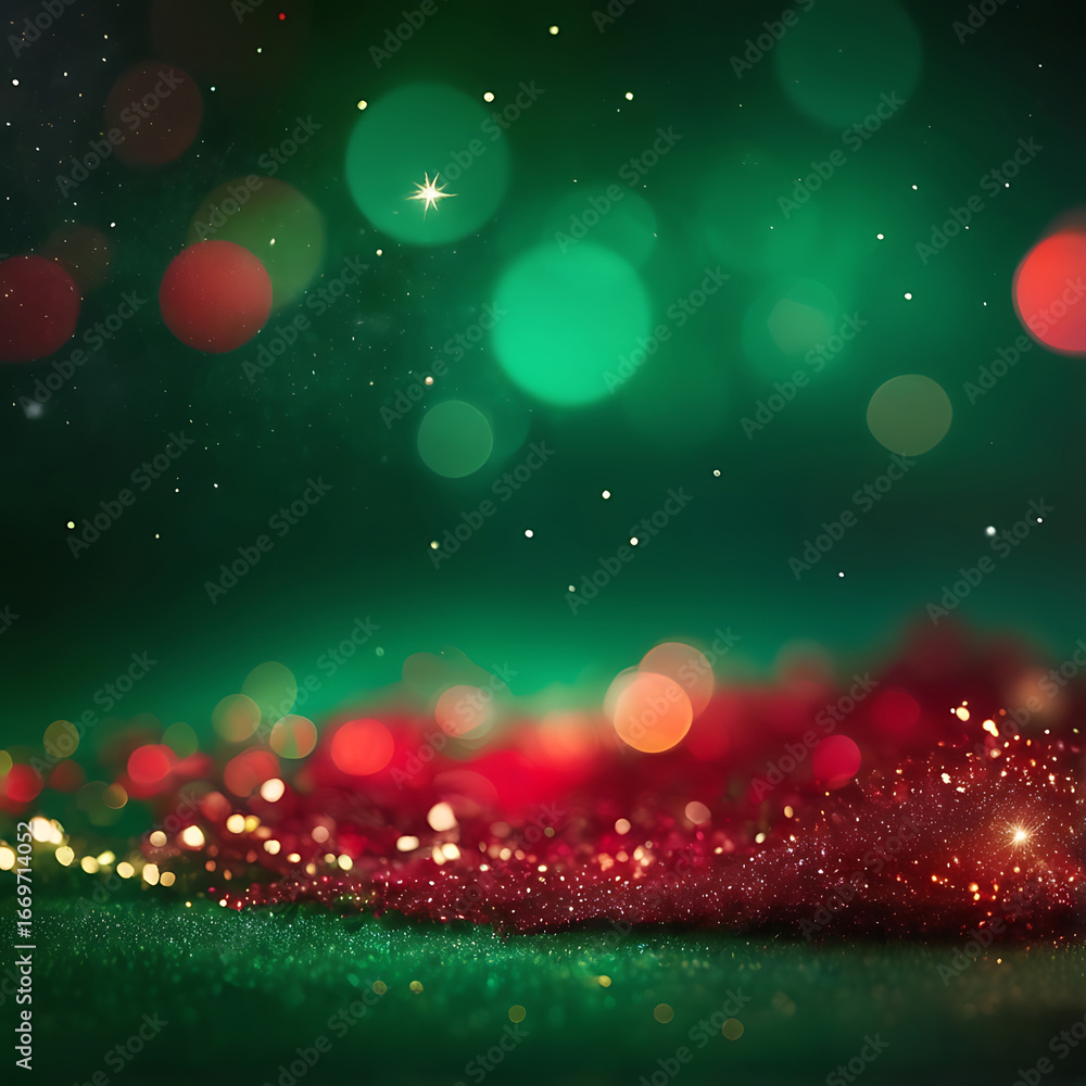 Aufkleber festive blurred bokeh lights in red and green with sparkling glitter and subtle dust particles.