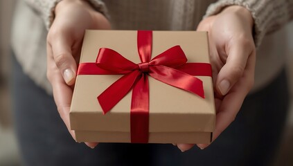 A man holding a gift box. Birthday, corporate event, Small gift in the hands of a woman indoor.