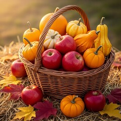 Autumn Harvest Basket: Apples, Pumpkins, and Gourds on a Bed of Hay, Seasonal Still Life