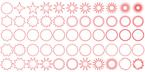 Vector image of a set of red icons with stars and glitter silhouettes. Abstract element for your design. Price tags with special offers, etc.