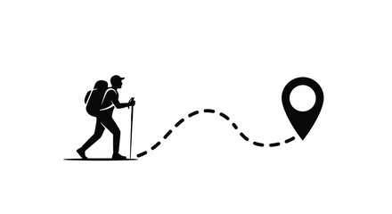 Vector illustration of silhouette of a hiker with a backpack and trekking poles walking on a dashed line path towards a location pin