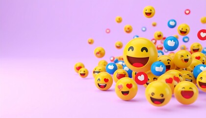 Fototapeta premium A vibrant display of expressive emoji faces floats amidst social media symbols on a soft lavender background.