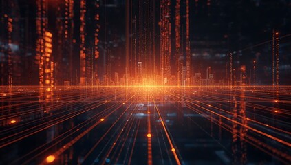 A captivating abstract of a futuristic coding concept with glowing lines and symbols, high-tech, symbolizing innovation and digital transformation.
