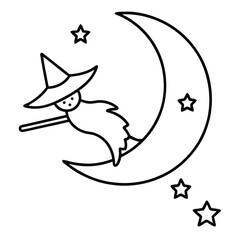 witch flying moon line art vector icon