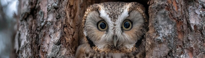 Shocked owl reacting in surprise concept. A curious owl peering out from a tree hollow in a forest setting.