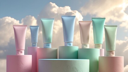 Blank label tube placed on glass podium on a clear blue sky soft clouds background