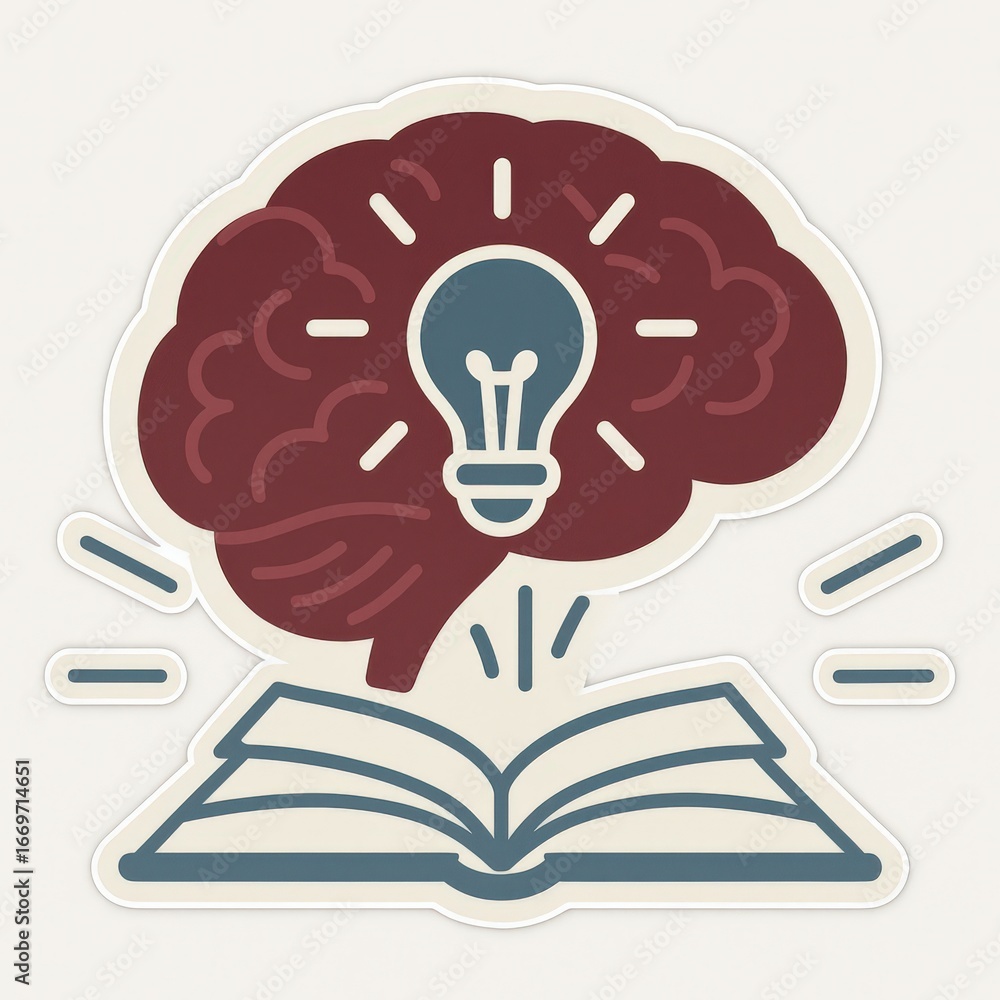 Aufkleber creative cognition expresses illuminated ideas emerging from an open book depicting the connection b