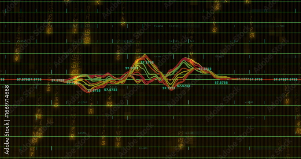 Poster displaying multicolored waveform graph in financial dashboard, with grid lines and currency symbols