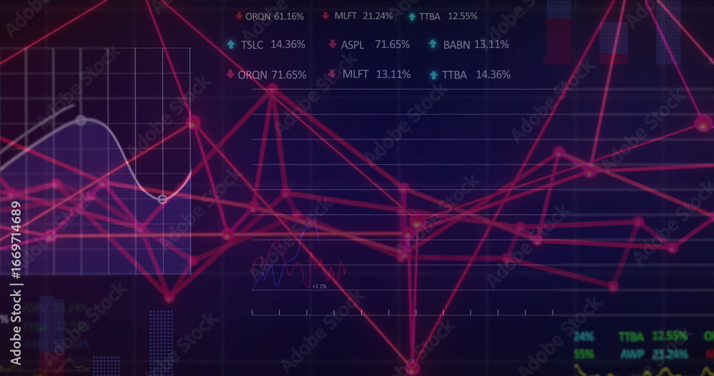 Aufkleber showing neon pink network graph with glowing nodes on dashboard, featuring inset chart and tickers