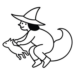 witch flying with cat line art vector icon