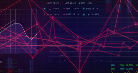 Showing neon pink network graph with glowing nodes on dashboard, featuring inset chart and tickers