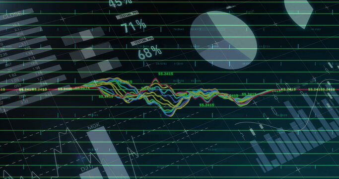 Animating multicolored line graph on dark grid showing percentage labels, chart segments and data