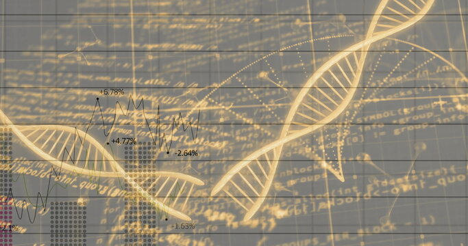 Floating golden DNA double helix strands over data grid with code snippets, line graph percentages