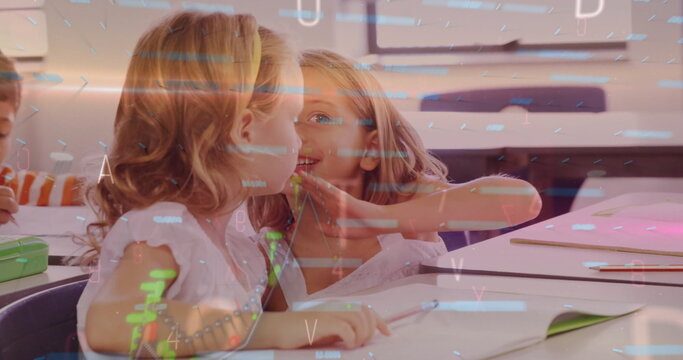 Whispering girls sharing secrets in school classroom, with white desks and green pencil case